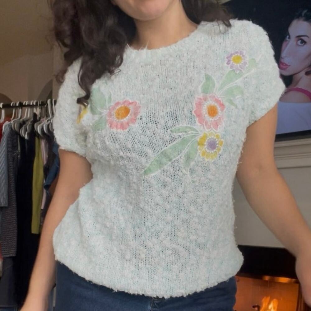 Vintage 80s Floral Pastel‎ Short Sleeve Granny Cottage Core Top